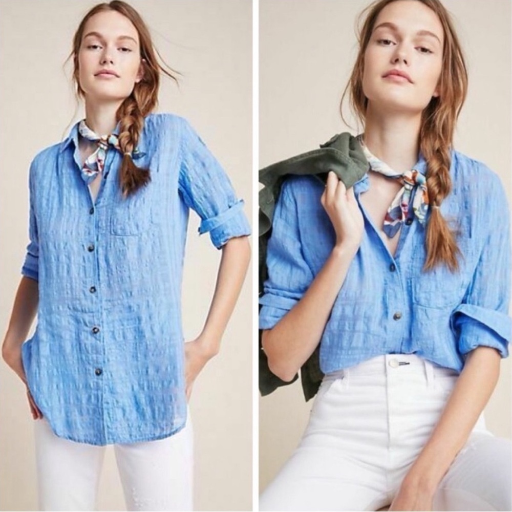 Pilcro Button Down Tunic Shirt Relaxed Textured Linen Blend Beach Coastal 0